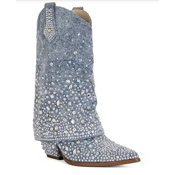 Azalea Wang Shoes - AZALEA WANG Cristos Rhinestone Denim Cowboy Boots Embellished Western 7 NWT